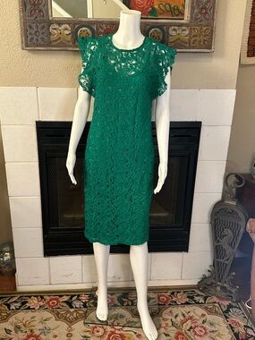 Emerald Green Lace sheath Midi Dress Elegant Crochet Shift flutter cap sleeve Lg